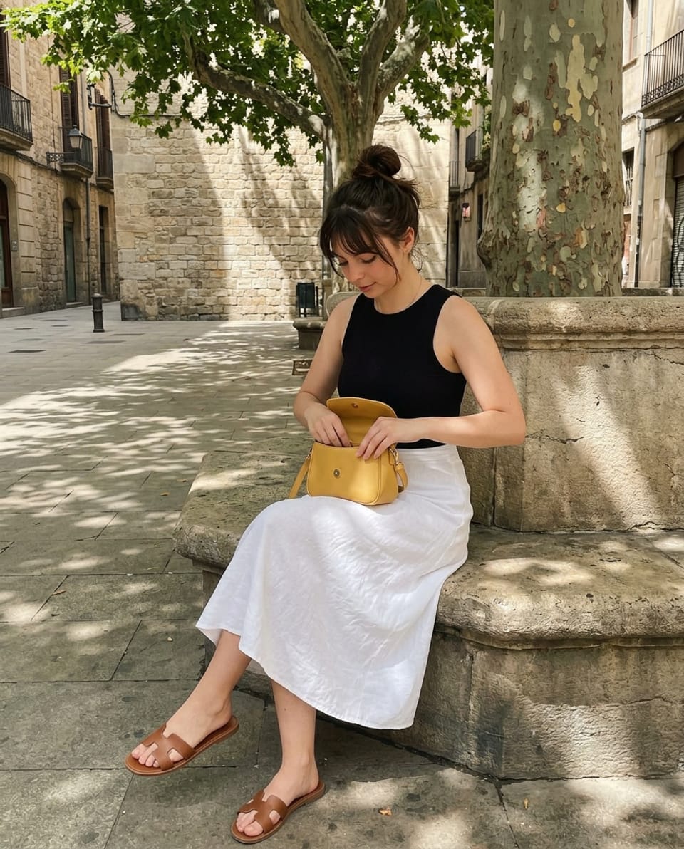 Woman in a black top and white midi skirt sitting on a low stone seat, looking into a yellow bag on her lap with one sandal slightly lifted.
