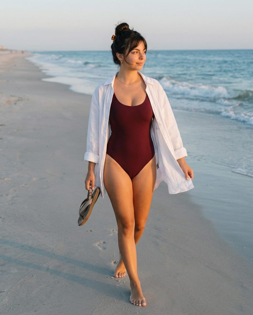 Woman in an open white shirt and burgundy swimsuit taking a short barefoot step along the shore, carrying sandals and holding a shirt edge.