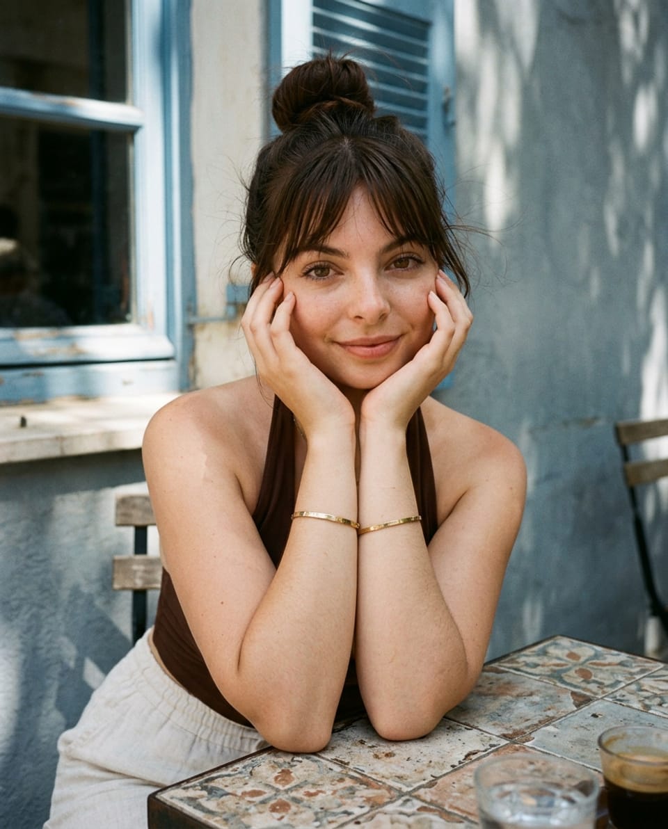 Woman resting both elbows on a tiled café table, lightly framing her face with her hands beside blue shutters.