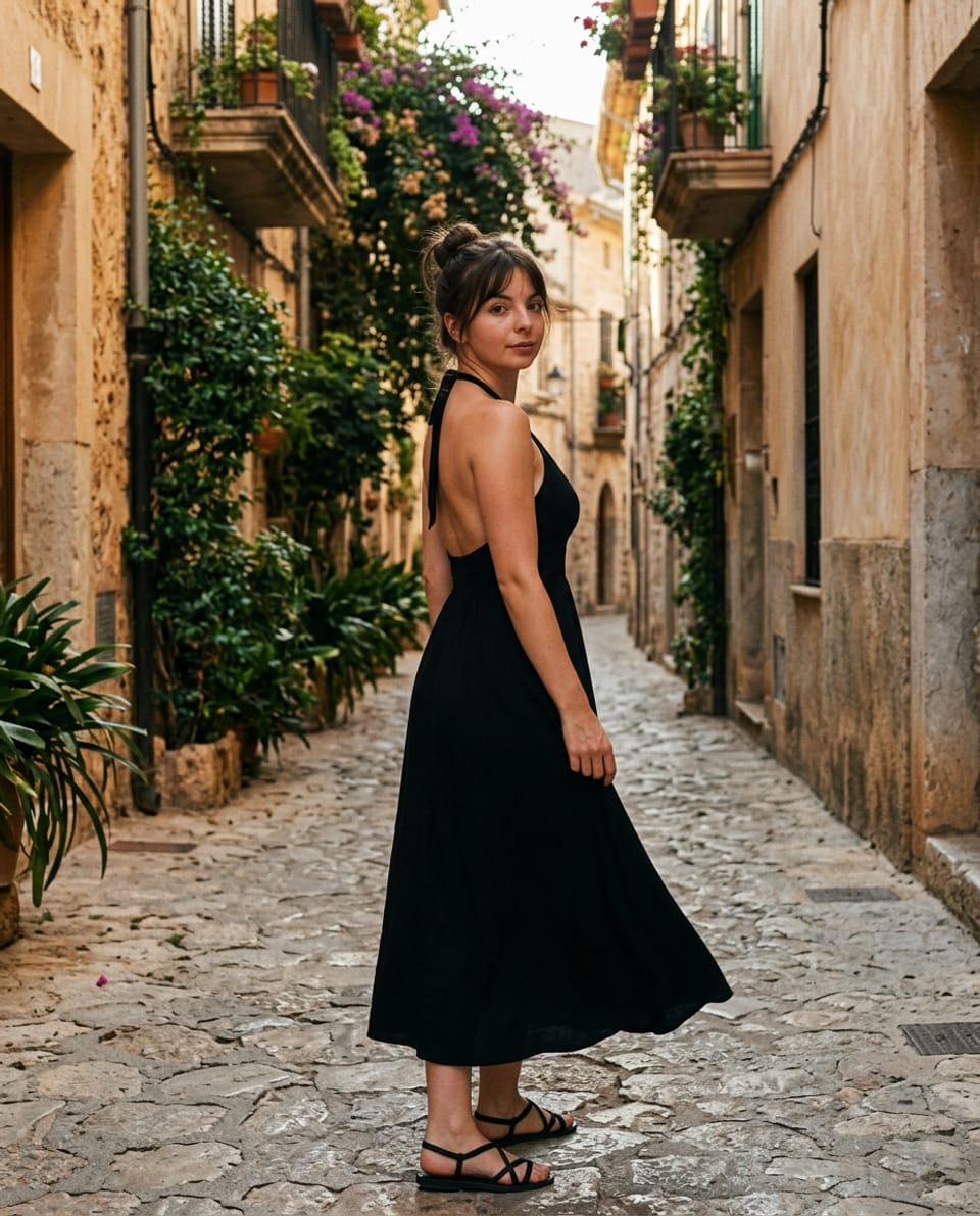 Woman in a flowing black dress and flat sandals making a small turn in a stone lane, with one arm loose beside the moving skirt.