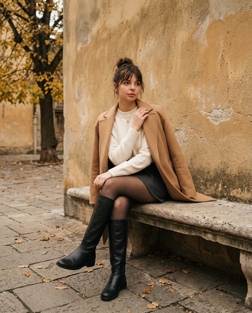 Woman in a camel coat and ivory sweater sitting on a stone bench with one knee crossed over the other, black boots visible and one hand at her coat collar.