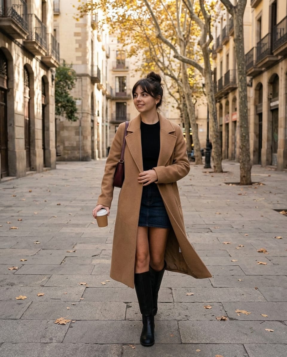 Woman in a camel coat, denim mini skirt and knee-high boots walking along a leaf-strewn city street, holding a coffee and the front of her coat.