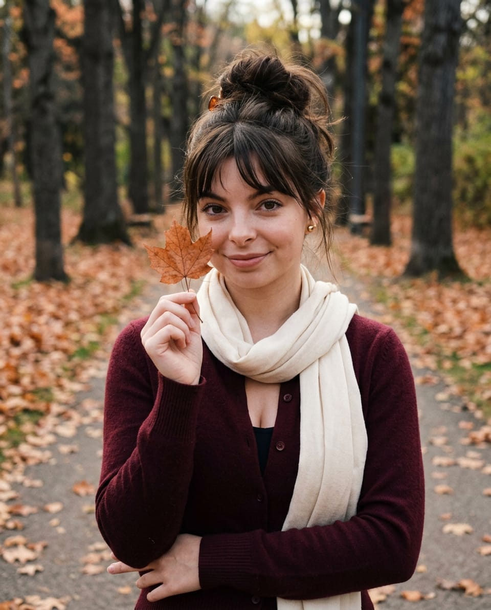 Woman in a burgundy cardigan and cream scarf holding a copper leaf beside her cheek, with her other hand supporting the raised elbow.