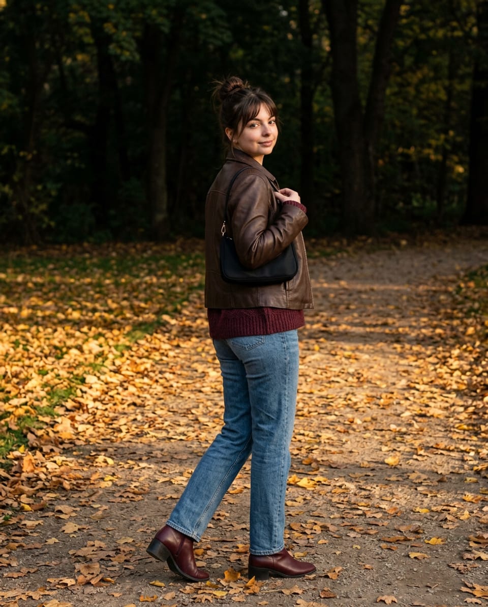Woman in a brown leather jacket and straight blue jeans taking a small step away on a leafy path, looking back while holding her shoulder-bag strap.