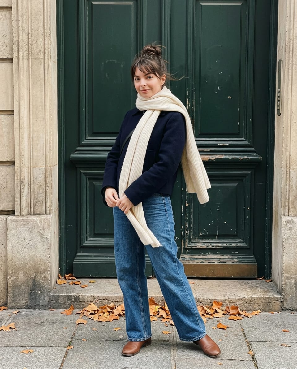 Woman in a navy jacket, wide blue jeans and brown boots holding the front of a cream scarf beside a dark-green doorway.