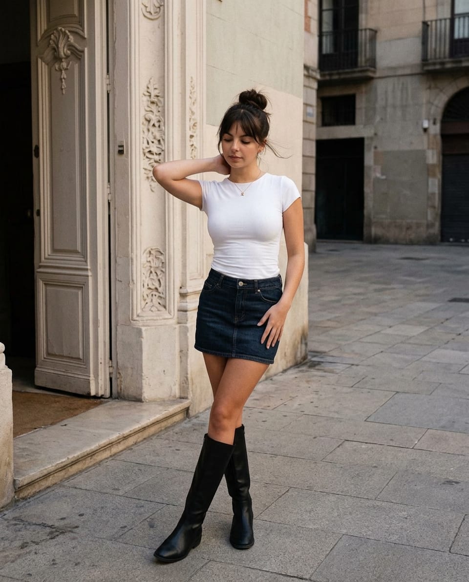 Woman in a white tee, denim mini skirt and black knee-high boots crossing one foot in front beside a carved doorway, with a hand behind her neck.