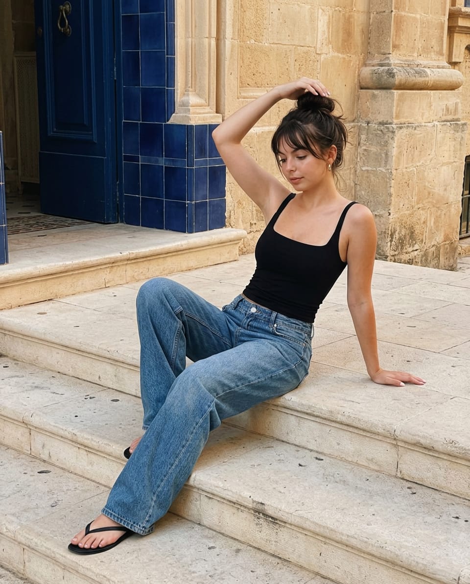 Woman in a black top and blue wide-leg jeans sitting diagonally on limestone stairs, one hand on her bun and the other supporting a small lean.