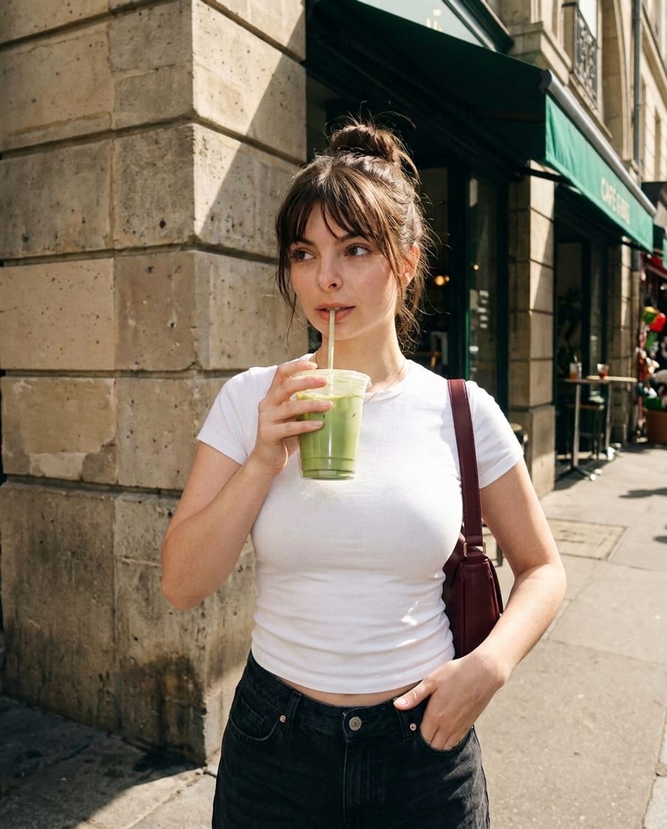 Woman sipping an iced green drink beside a stone wall, with a burgundy shoulder bag and her free hand at a jeans pocket.