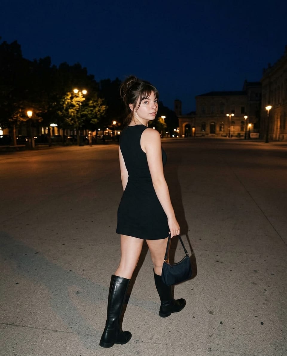 Woman in a black mini dress and tall boots taking a small step away in a dark plaza, looking back at a direct-flash camera.